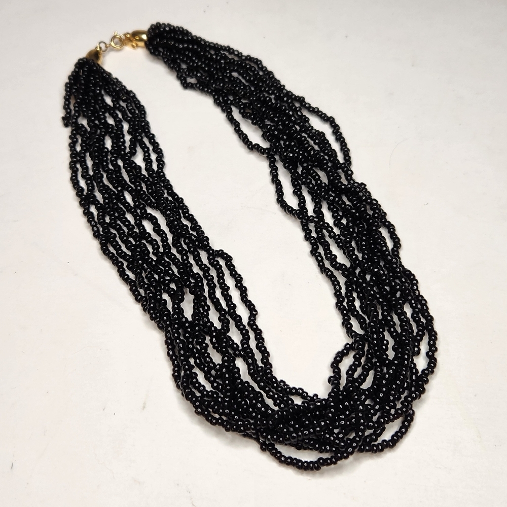 vintage trifari black micro beaded twist multi strand 18in 80s goldtone necklace